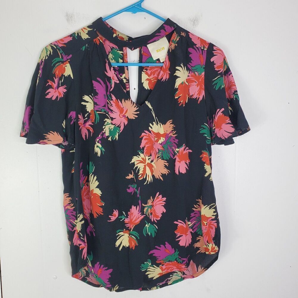 Maeve Blouse Womens S P Colorful Florals Keyhole V Neck Short Sleeve Blooms